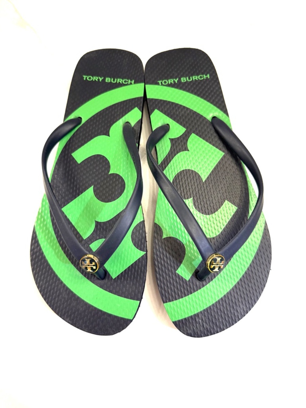 Brand New!Tory Burch Navy Blue & Green Logo Flip Flops-Size 8 - Picture 2 of 6